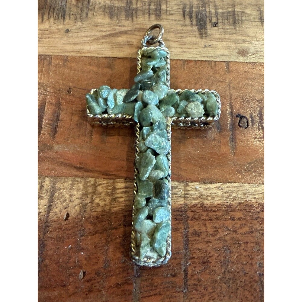 Vintage Crushed Green Stone Chip Cross Pendant 3" X2"